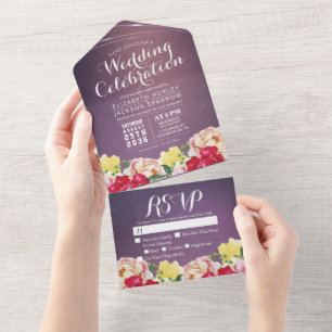 Colourful Watercolor Flowers Purple BG Wedding RSV All In One Invitation