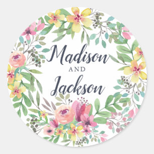 Colourful Watercolor Flowers Wedding Classic Round Sticker