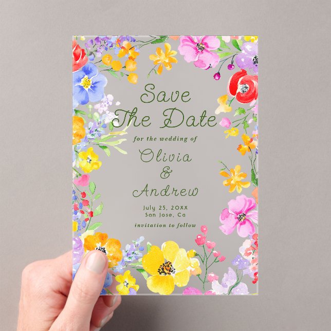 Colourful Watercolor Flowers Wedding Save the Date Acrylic Invitations (Insitu (Handheld))
