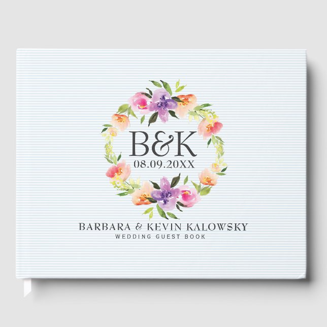 Colourful Watercolor Flowers Wedding Wreath Guest Book (Front)