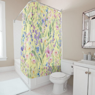Colourful Watercolor Flowers Yellow Shower Curtain