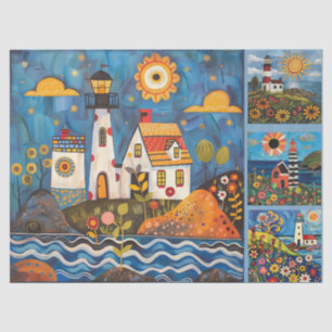 Colourful Watercolor Folk Art Light Houses Tissue Paper