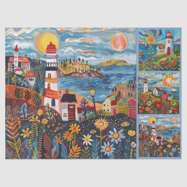 Colourful Watercolor Folk Art Light Houses Tissue Paper (Front)