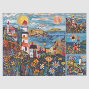 Colourful Watercolor Folk Art Light Houses Tissue Paper