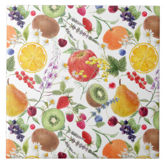 Colourful Watercolor Fruit and Herb Pattern Tile