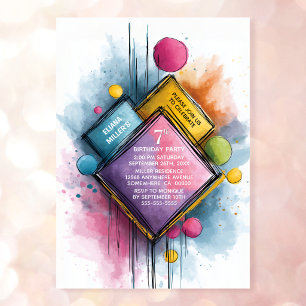 Colourful Watercolor Geometric 7th Birthday Party Invitation