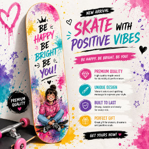 Colourful Watercolor Girls Skateboard Design