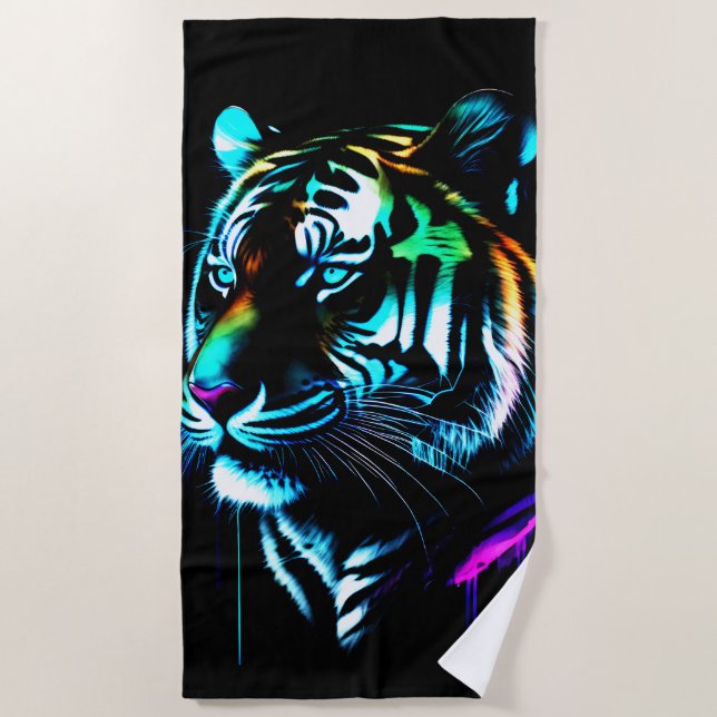 Colourful Watercolor Glow Tiger Beach Towel (Front)