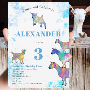 Colourful Watercolor Goat Themed Birthday Party Invitation
