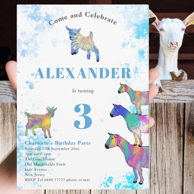 Colourful Watercolor Goat Themed Birthday Party Invitation (Goat themed 3rd birthday party invitation with colorful watercolor farm animal illustrations )