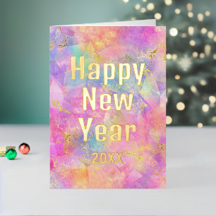 Colourful Watercolor Happy New Year 2027 Real Gold Foil Holiday Card
