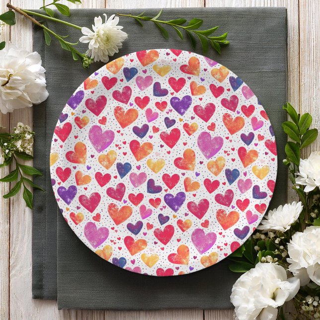 Colourful Watercolor Hearts Mother's Day Paper Plate (Creator Uploaded)