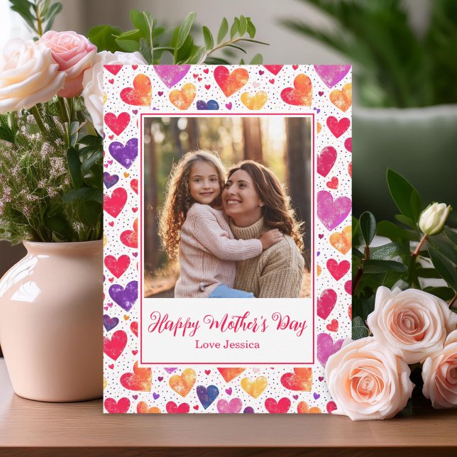 Colourful Watercolor Hearts Mother's Day Photo  Holiday Card (Creator Uploaded)
