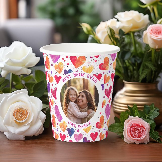 Colourful Watercolor Hearts Mother's Day Photo Paper Cups (Creator Uploaded)