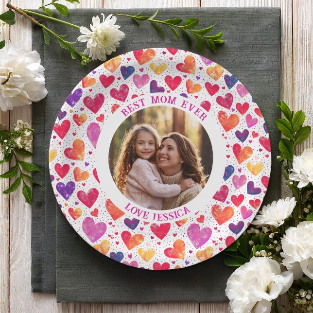 Colourful Watercolor Hearts Mother's Day Photo Paper Plate (Creator Uploaded)