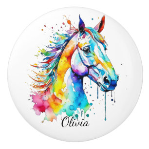 Colourful watercolor horse head design ceramic knob