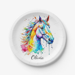 Colourful watercolor horse head design paper plate