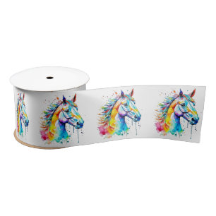 Colourful watercolor horse head design  satin ribbon