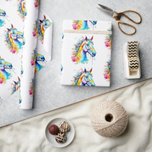 Colourful watercolor horse head design  wrapping paper
