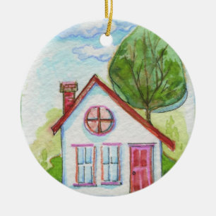 Colourful Watercolor House Ceramic Tree Decoration