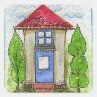 Colourful Watercolor House Painting Square Sticker