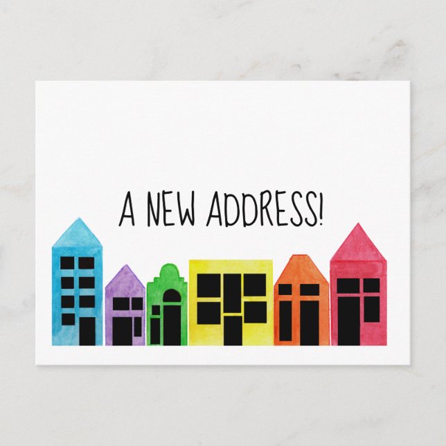 Colourful watercolor houses New address card (Front)