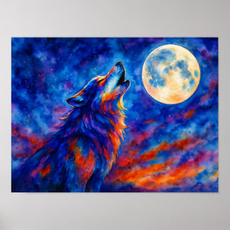 Colourful Watercolor Howling Wolf & Full Moon Poster