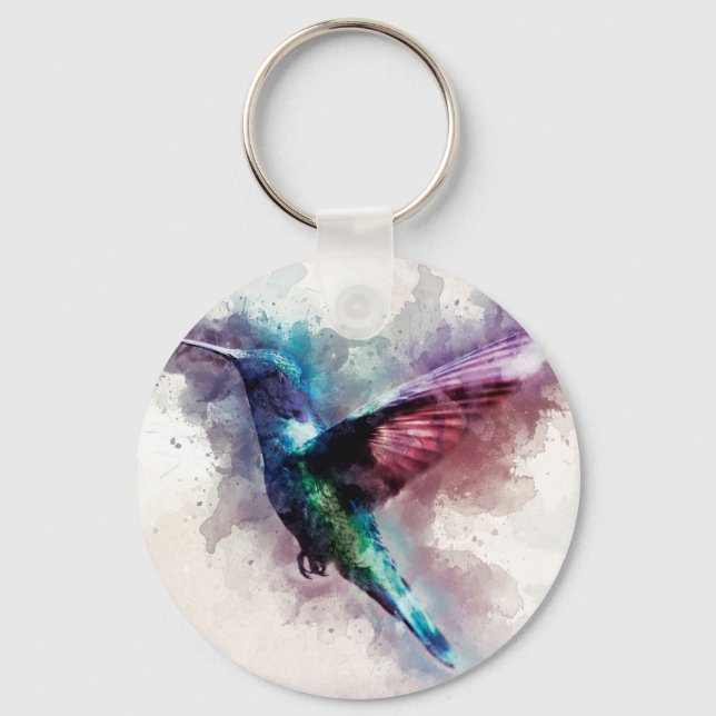 Colourful Watercolor Hummingbird Key Ring (Front)
