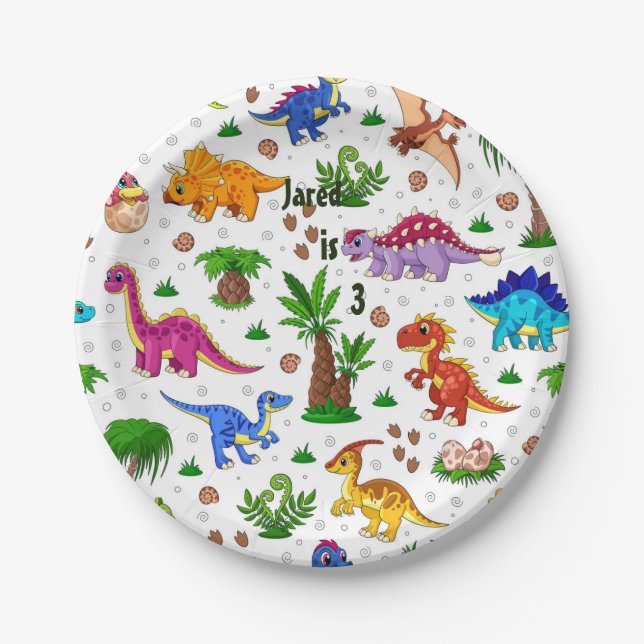 Colourful Watercolor Kids' Birthday Dinosaur Paper Plate (Front)