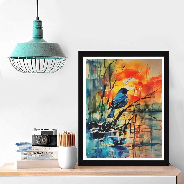 Colourful Watercolor Landscape Lake and Bird Photo Print (Lake Serenade Artwork - Photo Print Finish)