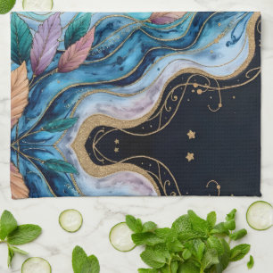 Colourful watercolor leaves on blue tea towel