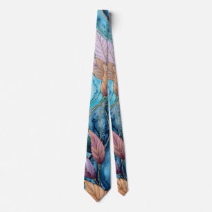 Colourful watercolor leaves on blue tie