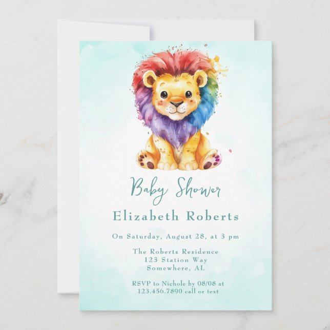 Colourful Watercolor Lion Any Gender Baby Shower Invitation (Front)