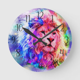 Colourful Watercolor - Lion Round Clock