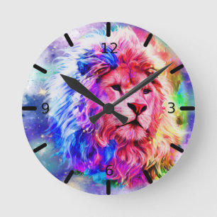 Colourful Watercolor - Lion Round Clock
