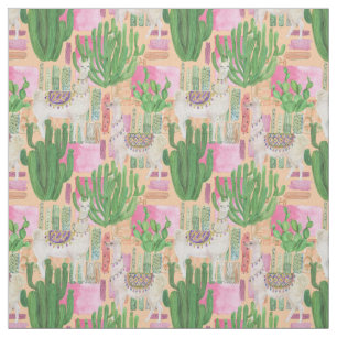 Colourful Watercolor Llama Pattern Fabric