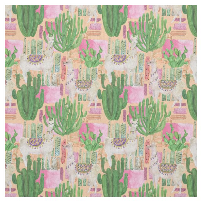 Colourful Watercolor Llama Pattern Fabric (Swatch)