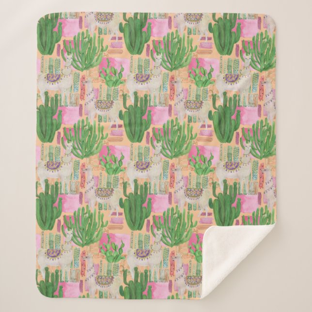 Colourful Watercolor Llama Pattern Sherpa Blanket (Front)