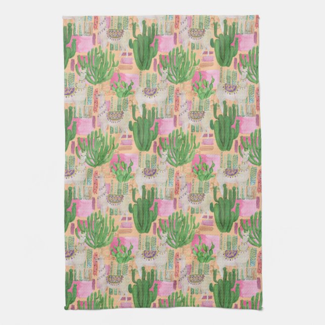 Colourful Watercolor Llama Pattern Tea Towel (Vertical)