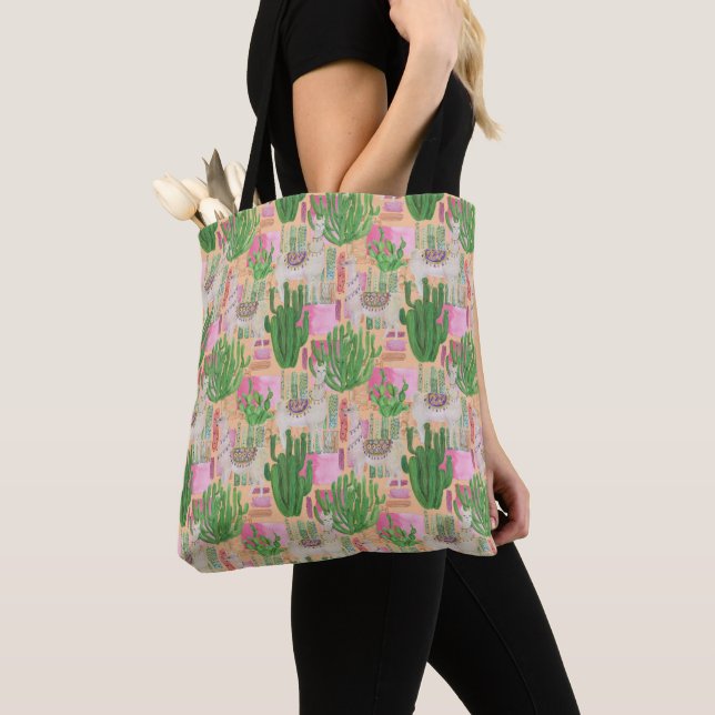Colourful Watercolor Llama Pattern Tote Bag (Close Up)