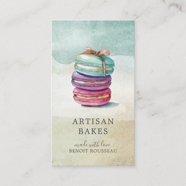 Colourful Watercolor Macaron Cookies Baker Busines Business Card (Front)
