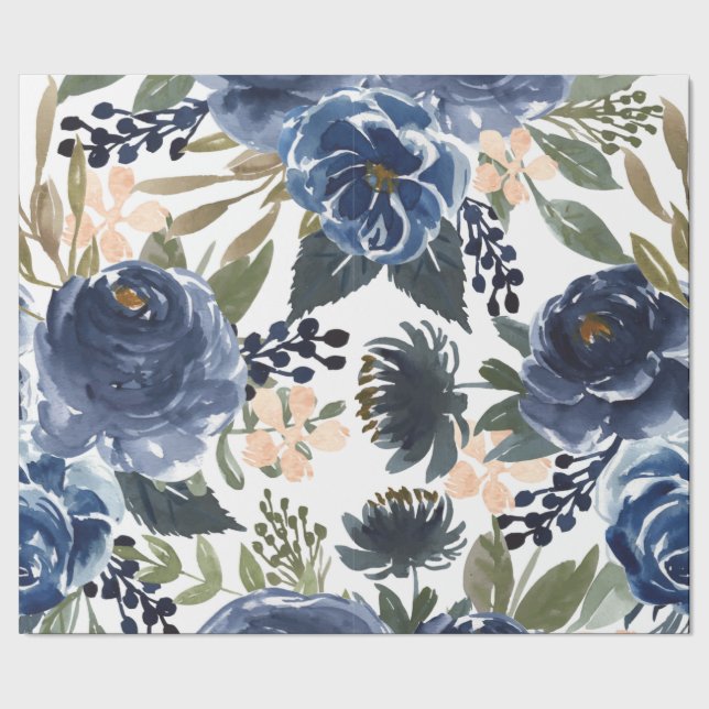 Colourful watercolor navy blue floral design wrapping paper (Seam)
