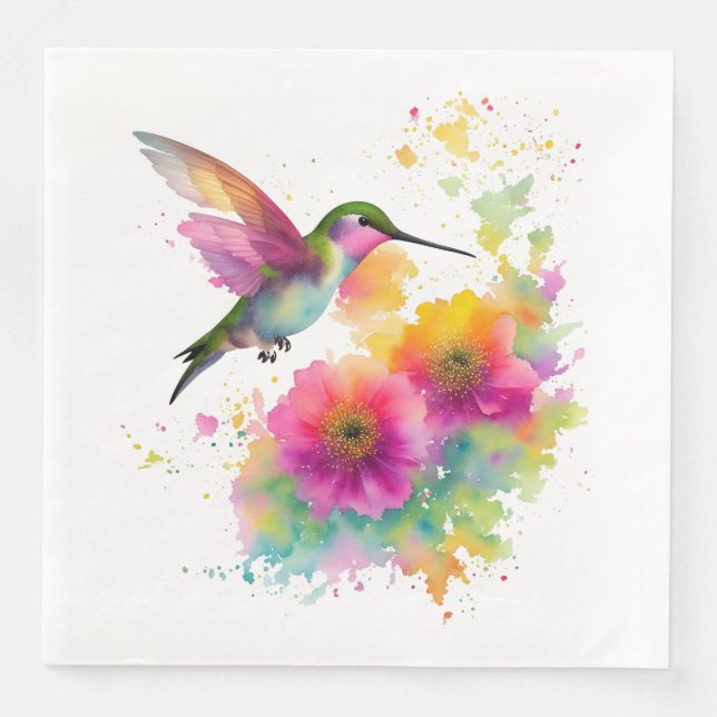 Colourful watercolor painting of a hummingbird napkin (Front)