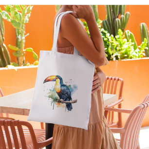 Colourful watercolor painting of an exotic toucan tote bag
