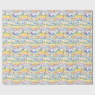 Colourful Watercolor Painting of Flowers, Trees Wrapping Paper