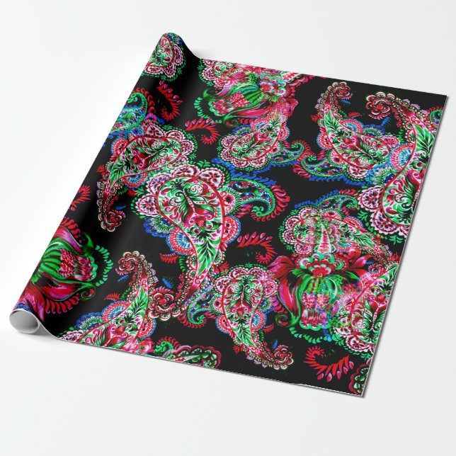 Colourful watercolor paisley floral illustration p wrapping paper (Unrolled)