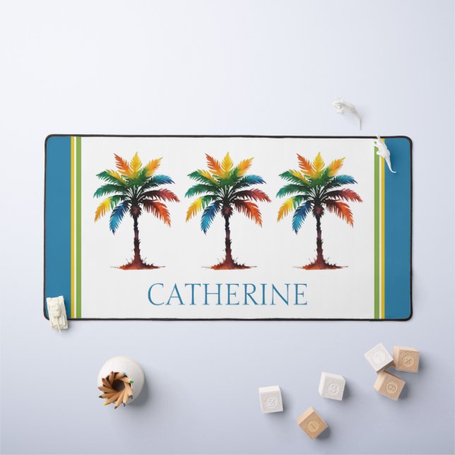 Colourful Watercolor Palm Tree Personalised Desk Mat (Kids Table)