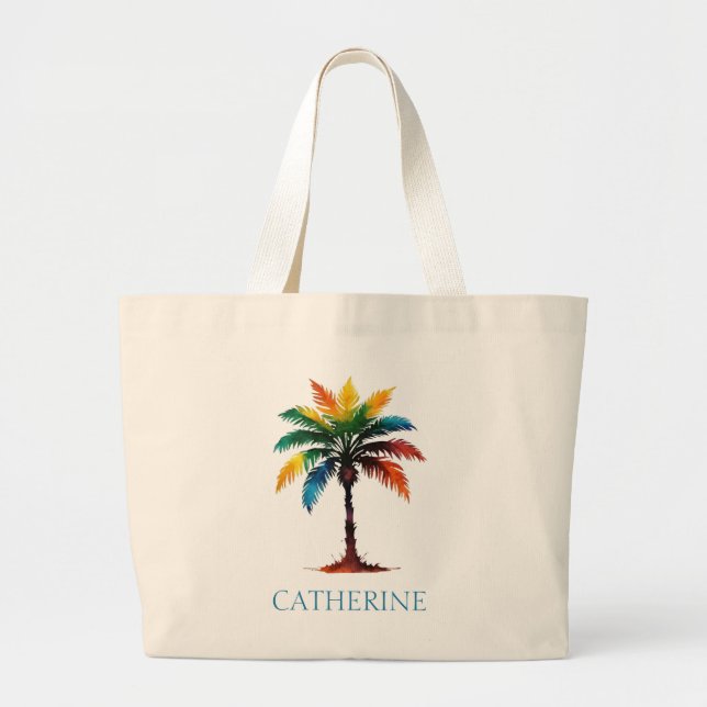 Colourful Watercolor Palm Tree Personalised Large Tote Bag (Front)
