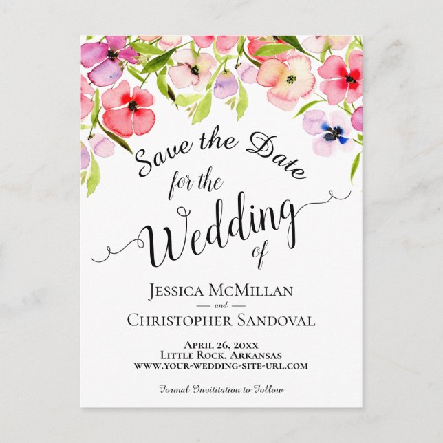 Colourful Watercolor Pansies Wedding Save the Date Announcement Postcard (Front)