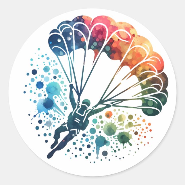 Colourful Watercolor Parachutist Classic Round Sticker (Front)